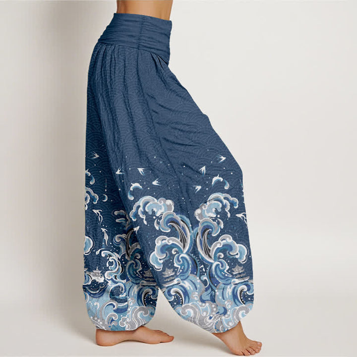 Buddha Stones Dames harembroek met elastische Taille en oceaanblauwe golfprint van katoen - image 10