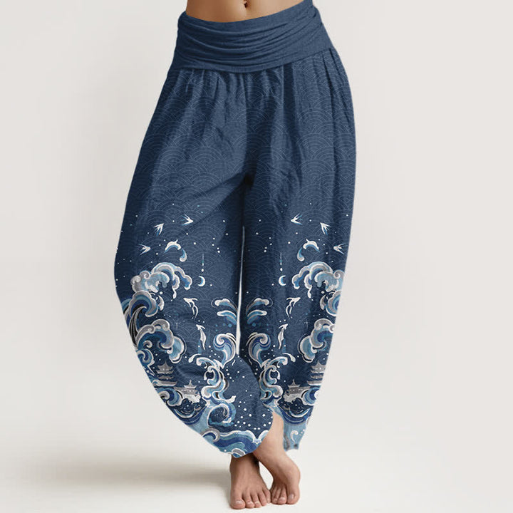Buddha Stones Dames harembroek met elastische Taille en oceaanblauwe golfprint van katoen - Staalblauw - US16, UK/AU20, EU48 (3XL) - image 8