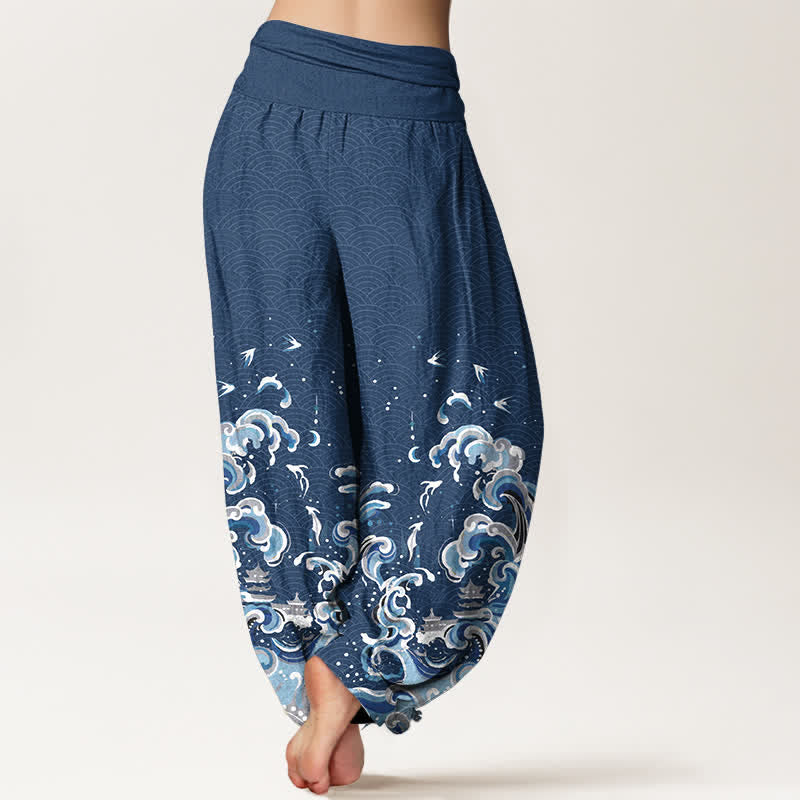 Buddha Stones Dames harembroek met elastische Taille en oceaanblauwe golfprint van katoen - image 9