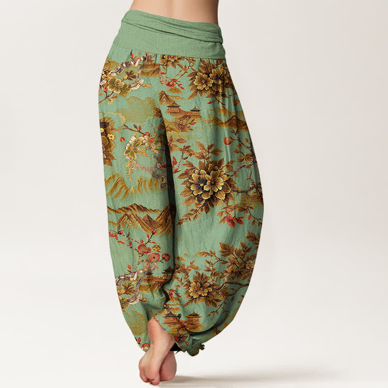 Buddha Stones Vintage katoenen damesharembroek met elastische Taille in donkergouden bloemenpatroon. - image 1