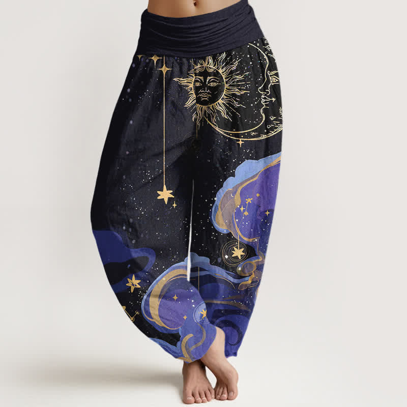Buddha Stones Dames harembroek met elastische Taille en een patroon van katoenen hemelse zon, maan, sterren en golven. - Zwart - US16, UK/AU20, EU48 (3XL) - image 0