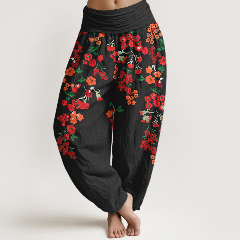 Buddha Stones Katoenen Boheemse rode harembroek met bloemenprint en elastische Taille voor dames - Zwart - US16, UK/AU20, EU48 (3XL) - image 0