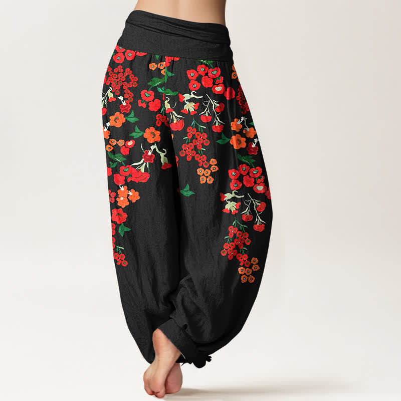 Buddha Stones Katoenen Boheemse rode harembroek met bloemenprint en elastische Taille voor dames - image 1