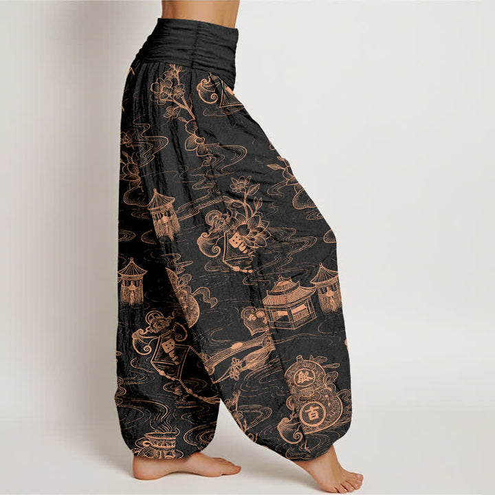 Buddha Stones Dames harembroek met elastische Taille en lotuspaviljoenprint en pompoenmotief - image 2