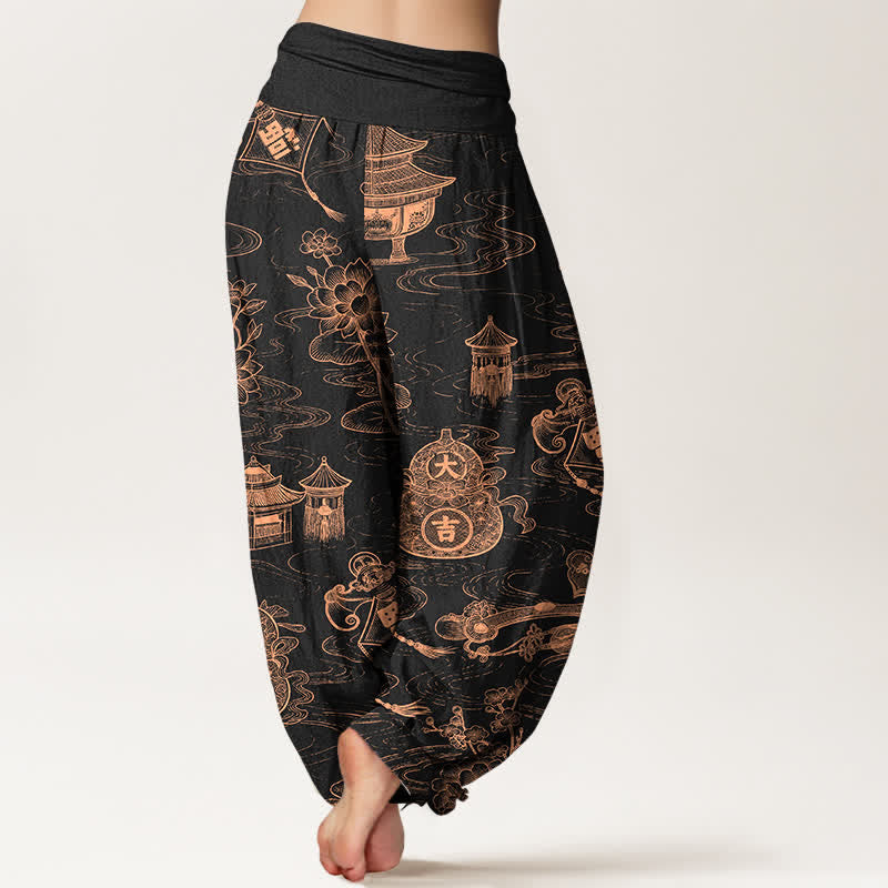 Buddha Stones Dames harembroek met elastische Taille en lotuspaviljoenprint en pompoenmotief - image 1