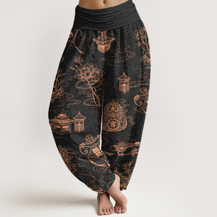 Buddha Stones Dames harembroek met elastische Taille en lotuspaviljoenprint en pompoenmotief - Zwart - US16, UK/AU20, EU48 (3XL) - image 0