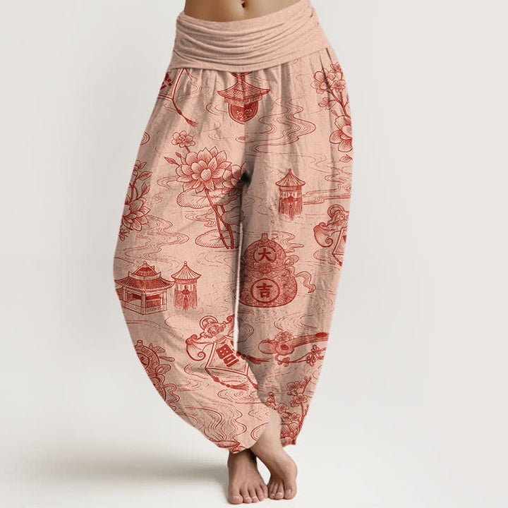 Buddha Stones Dames harembroek met elastische Taille en lotuspaviljoenprint en pompoenmotief - PeachPuff - US16, UK/AU20, EU48 (3XL) - image 5