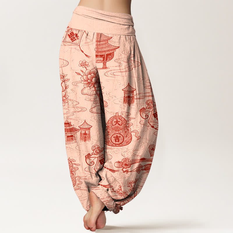 Buddha Stones Dames harembroek met elastische Taille en lotuspaviljoenprint en pompoenmotief - image 6