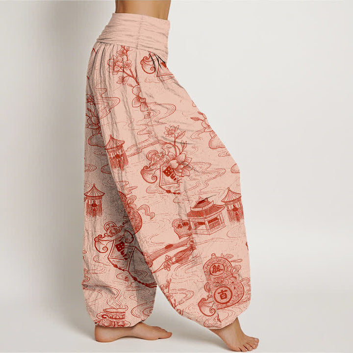 Buddha Stones Dames harembroek met elastische Taille en lotuspaviljoenprint en pompoenmotief - image 7