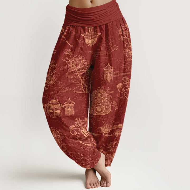 Buddha Stones Dames harembroek met elastische Taille en lotuspaviljoenprint en pompoenmotief - Vuurvaste steen - US16, UK/AU20, EU48 (3XL) - image 8