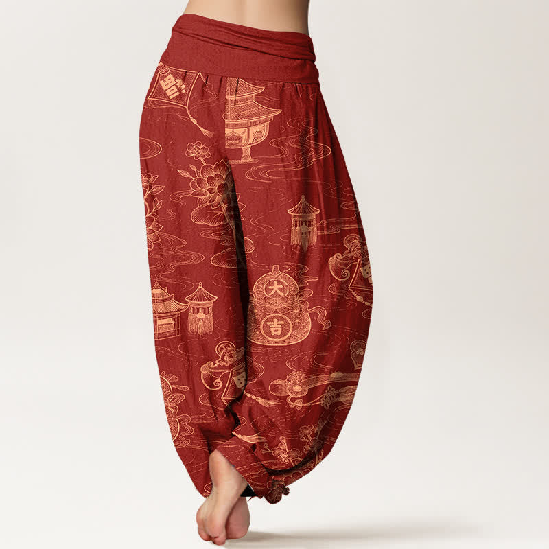 Buddha Stones Dames harembroek met elastische Taille en lotuspaviljoenprint en pompoenmotief - image 9