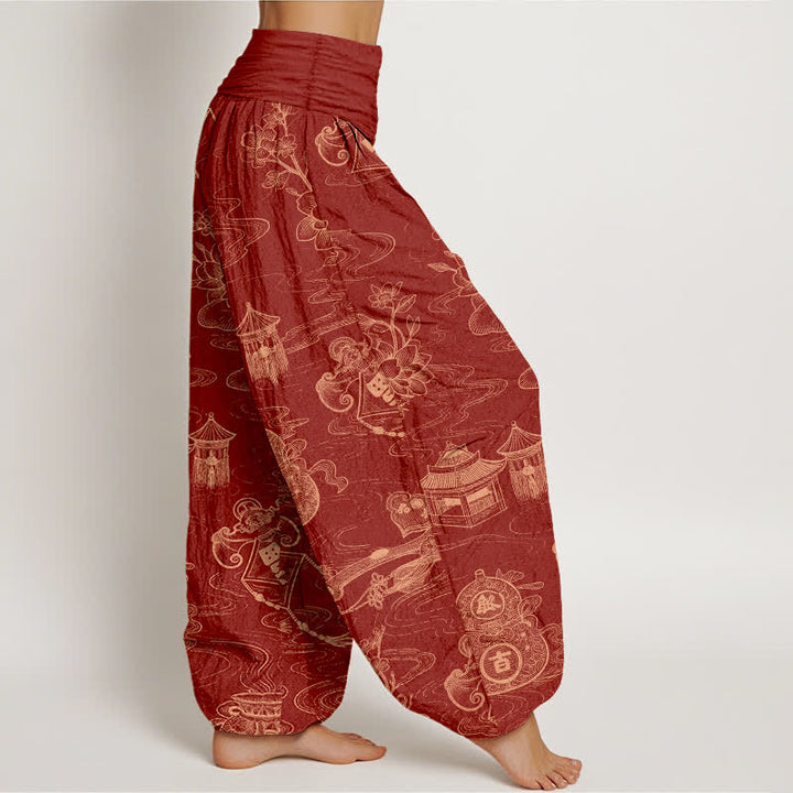 Buddha Stones Dames harembroek met elastische Taille en lotuspaviljoenprint en pompoenmotief - image 10