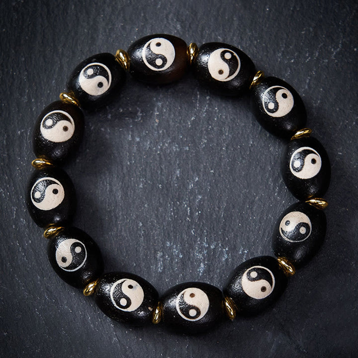 Buddha Stones Tibetaanse Dzi kraal Agaat Yin Yang symbool bescherming Armband - 17-18 cm - image 0
