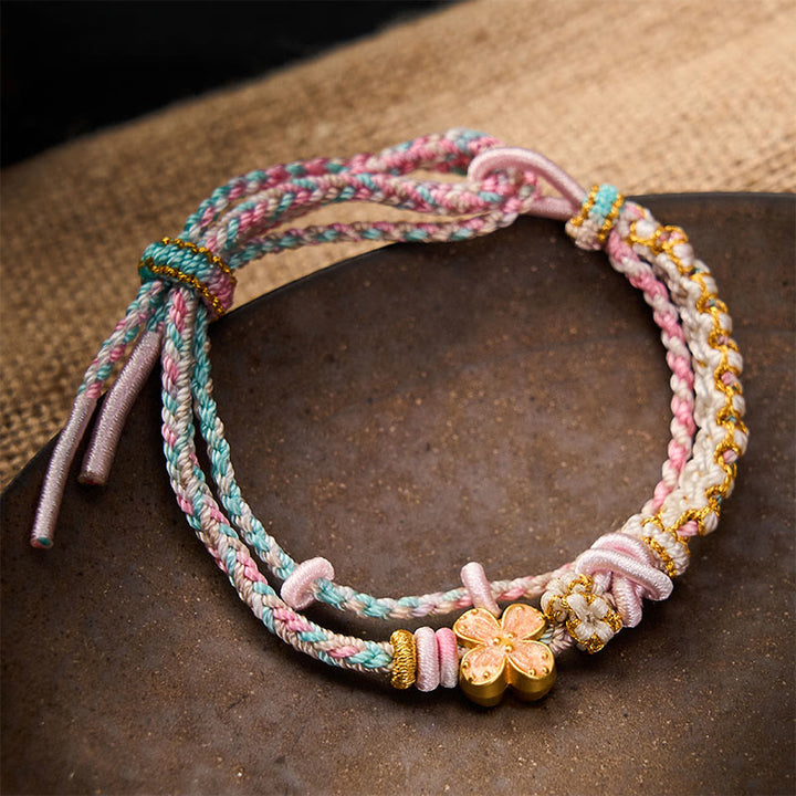 Buddha Stones Handgeweven armband met perzikbloesemmotief en dubbele laag . - Roze - Met roze bloemaccessoire - image 8
