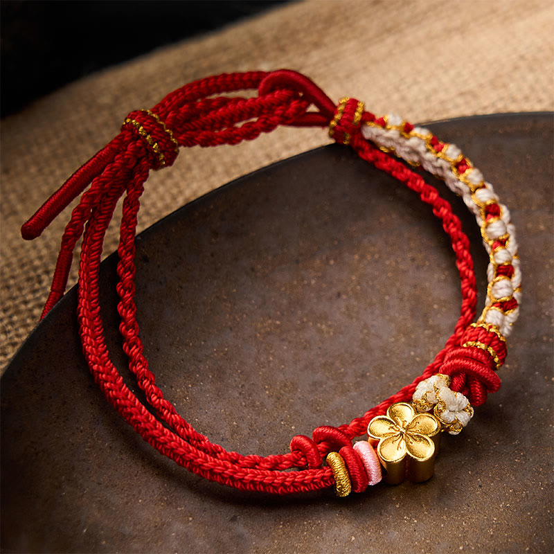 Buddha Stones Handgeweven armband met perzikbloesemmotief en dubbele laag . - Rood - Met perzikbloesemaccessoire - image 0