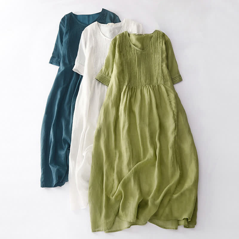 Buddha Stones Casual Midi jurk met accordeonplooien, V-hals, Korte mouw en Zakken. - image 0