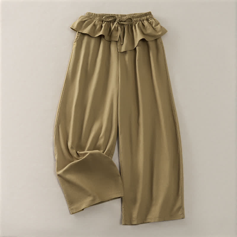 Buddha Stones Casual cropped broek met trekkoord, elastische Taille en ruches voor dames, effen Cropped , rechte pijpen en Zakken. - Donker kaki - US8-10, UK/AU12-14, EU40-42 (2XL) - image 0