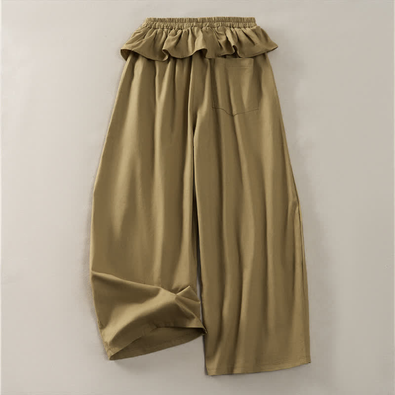 Buddha Stones Casual cropped broek met trekkoord, elastische Taille en ruches voor dames, effen Cropped , rechte pijpen en Zakken. - image 1
