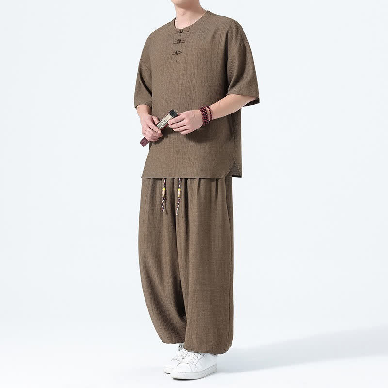 Buddha Stones 2-delige zomerse Tang-stijl overhemd met kikkerknopen, effen kleur, Korte mouw, harembroek, heren meditatiekleding met Zakken - Peru - US/UK/AU46, EU56 (5XL) - image 0
