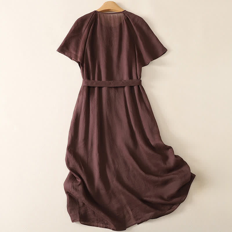 Buddha Stones Zomerse vintage Midi jurk met knoopsluiting , Korte mouw en Zakken voor dames, effen kleur. - image 1
