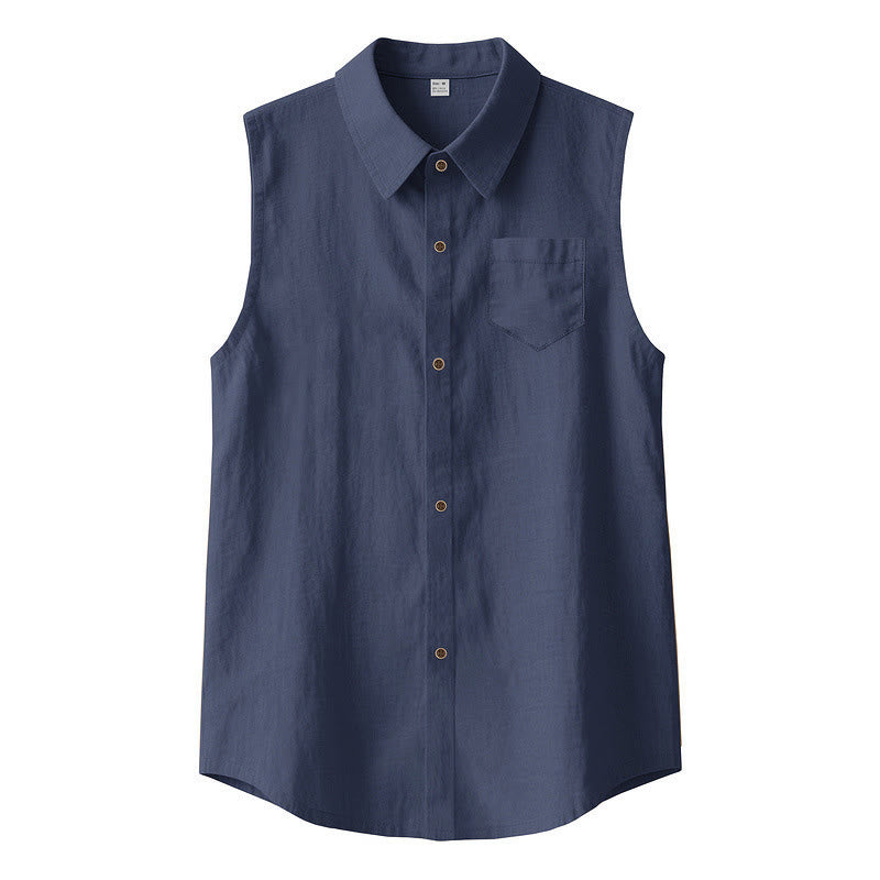 Buddha Stones Zomerse casual minimalistische Mouwloos Overhemden met knoopsluiting voor heren, effen kleur - Marine - US/UK/AU44, EU54 (3XL) - image 0
