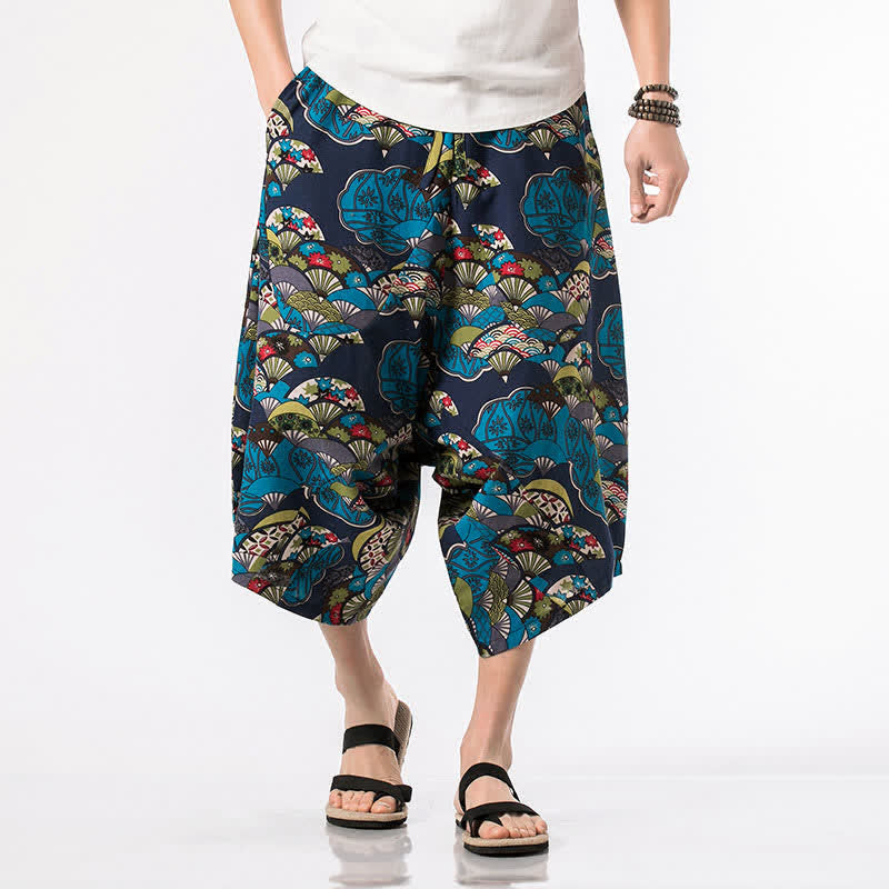 Buddha Stones Zomerse boho casual capri broek met trekkoord en bloemenprint, katoen-linnen model, harembroek voor heren met zakken - image 1
