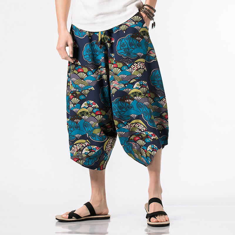 Buddha Stones Zomerse boho casual capri broek met trekkoord en bloemenprint, katoen-linnen model, harembroek voor heren met zakken - Blauw - US/UK/AU48, EU58(5XL) - image 0