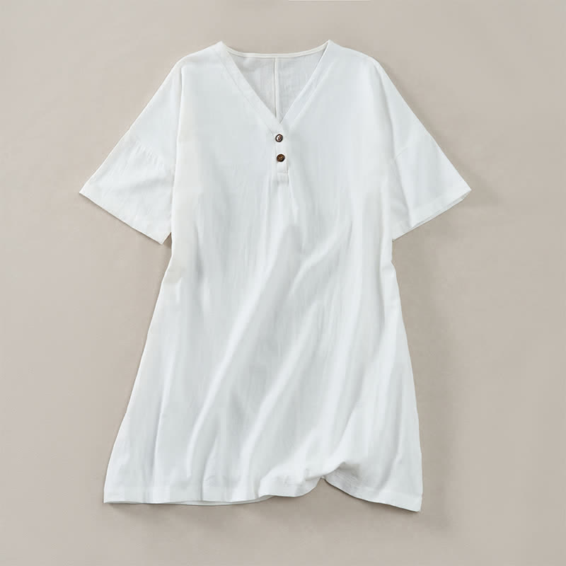 Buddha Stones Zomerse casual minimalistische jurk met knoopsluiting en Korte mouw voor dames - Wit - US12, UK/AU16, EU44 (2XL) - image 0