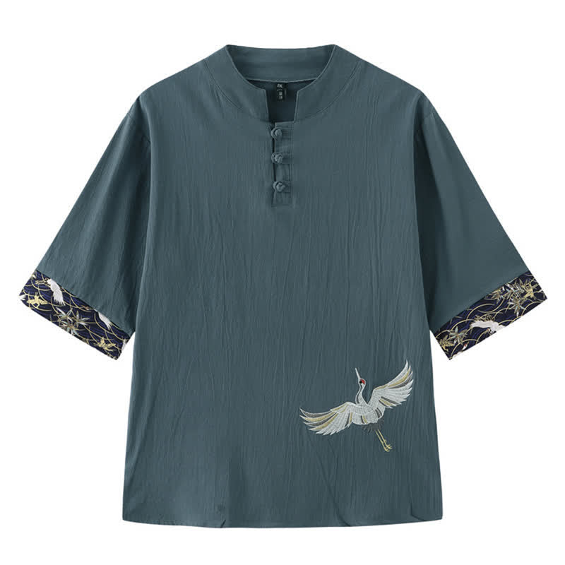 Buddha Stones Zomerse Tang-stijl vintage kikkerknop kraanvogel Overhemden met Korte mouw - CadetBlue - US/UK/AU46, EU56 (5XL) - image 0