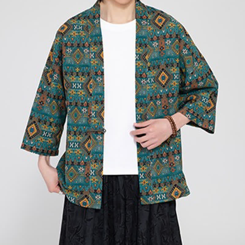 Buddha Stones Lente/Zomer Boho Casual Kimono's voor Heren met Opgestikte Zakken en Geometrische Vormgeving - image 1