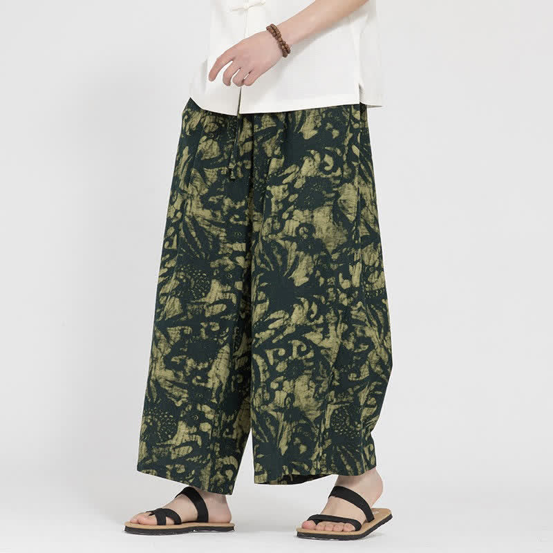 Buddha Stones Zomerse boho casual Cropped broek met trekkoord en abstract design, rechte pijpen voor heren met zak - Donker olijfgroen - US/UK/AU48, EU58(5XL) - image 0