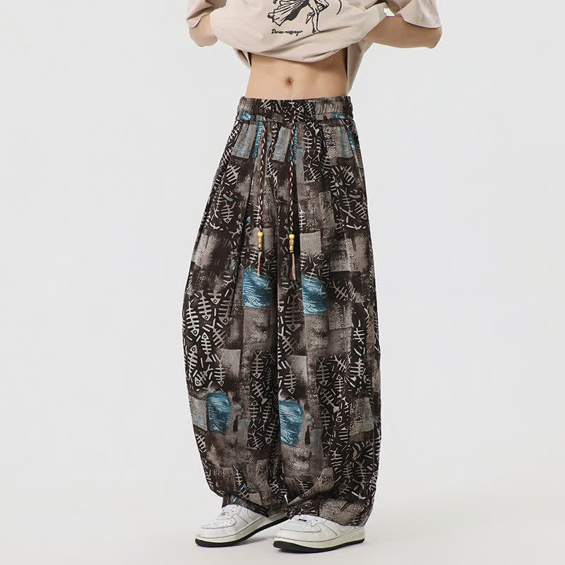 Buddha Stones Lente/Zomer Boho Casual Lang Broek met Trekkoord en Abstracte Details, Harembroek voor Heren met Zakken - Blauw - US/UK/AU46, EU56 (5XL) - image 0