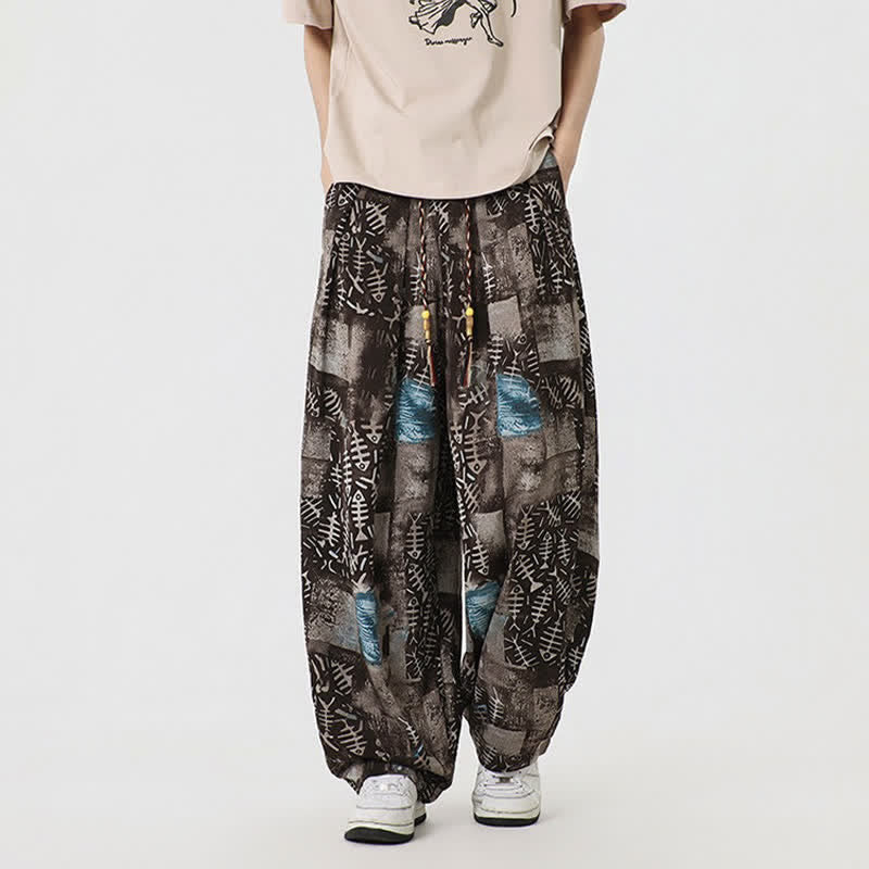 Buddha Stones Lente/Zomer Boho Casual Lang Broek met Trekkoord en Abstracte Details, Harembroek voor Heren met Zakken - image 1