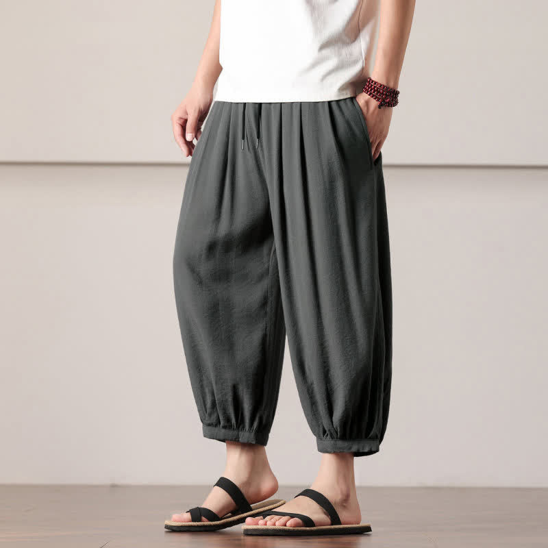 Buddha Stones Zomerse casual minimalistische capri broek met trekkoord, effen kleur, heren harembroek met zakken - image 1