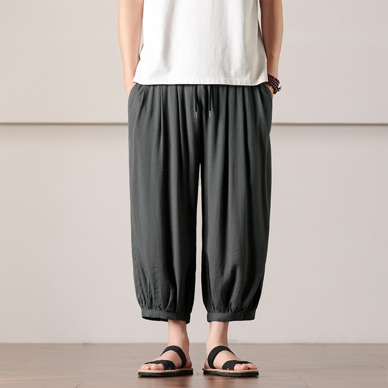 Buddha Stones Zomerse casual minimalistische capri broek met trekkoord, effen kleur, heren harembroek met zakken - Donkergrijs - US/UK/AU46, EU56 (5XL) - image 0