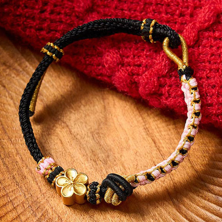 Buddha Stones Verstelbare Armband met gevlochten touwknoop - Zwart met bloemaccessoire - image 6