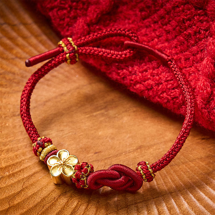 Buddha Stones Verstelbare Armband met gevlochten bloemmotief en touwknoop - Donkerrood met bloemaccessoire - image 0