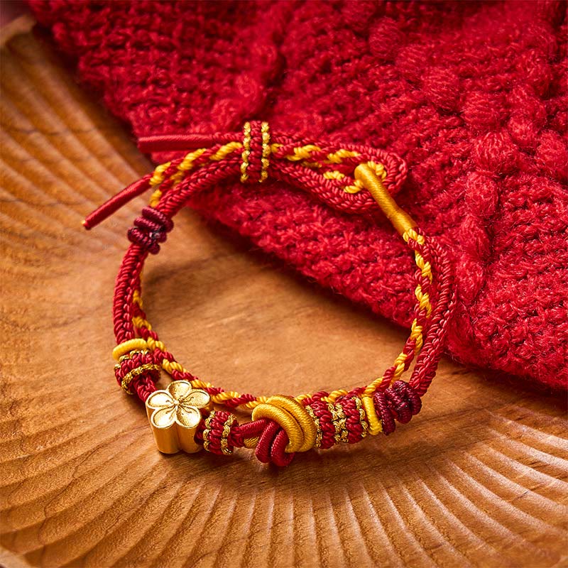 Buddha Stones Verstelbare Armband met gevlochten bloemmotief en dubbele wikkeling. - Rood met bloemaccessoire - image 0