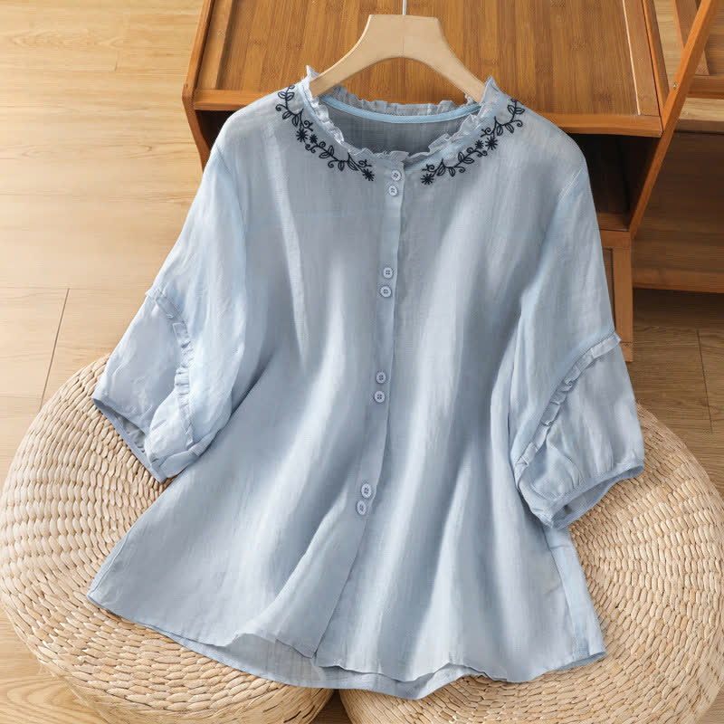 Buddha Stones Zomerse casual vintage lichtblauwe damesblouse met geborduurde knoopjes en mouwen Mouw tot de elleboog . - Lichtstaalblauw - US8-10，UK/AU12-14，EU40-42 (2XL) - image 0