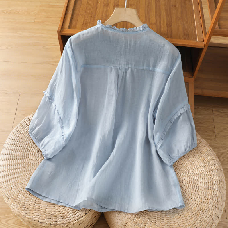 Buddha Stones Zomerse casual vintage lichtblauwe damesblouse met geborduurde knoopjes en mouwen Mouw tot de elleboog . - image 1