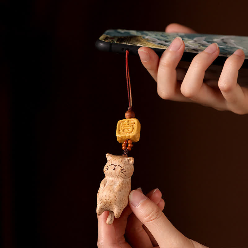Buddha Stones Handgesneden Telefoonhanger decoratie met gelukskat van beukenhout. - image 1