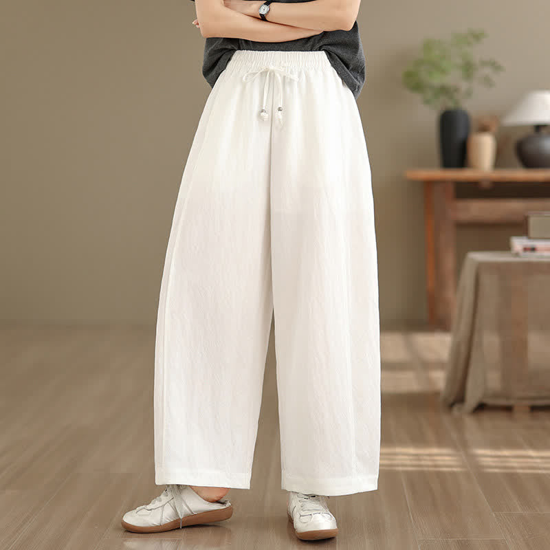 Buddha Stones Zomerse casual Cropped broek met trekkoord, effen kleur, wijde pijpen, damesbroek met Zakken - Wit - US12, UK/AU16, EU44 (2XL) - image 0