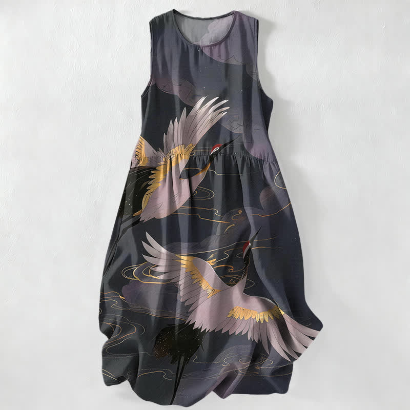 Buddha Stones Zomerse casual Mouwloos Midi -jurk voor dames met vliegende kraanvogel- en golfpatroon en Zakken. - Zwart - US16, UK/AU20, EU48 (3XL) - image 0