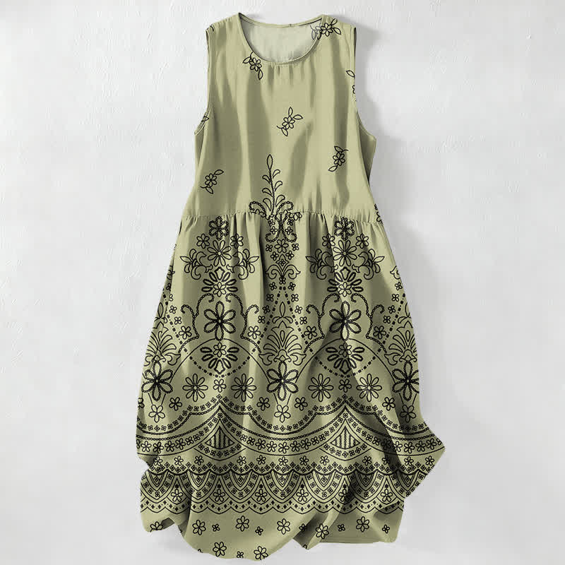 Buddha Stones Zomerse casual bohemian Midi -jurk voor dames met bloemenrand , Mouwloos en met Zakken. - Olijf - US16, UK/AU20, EU48 (3XL) - image 0