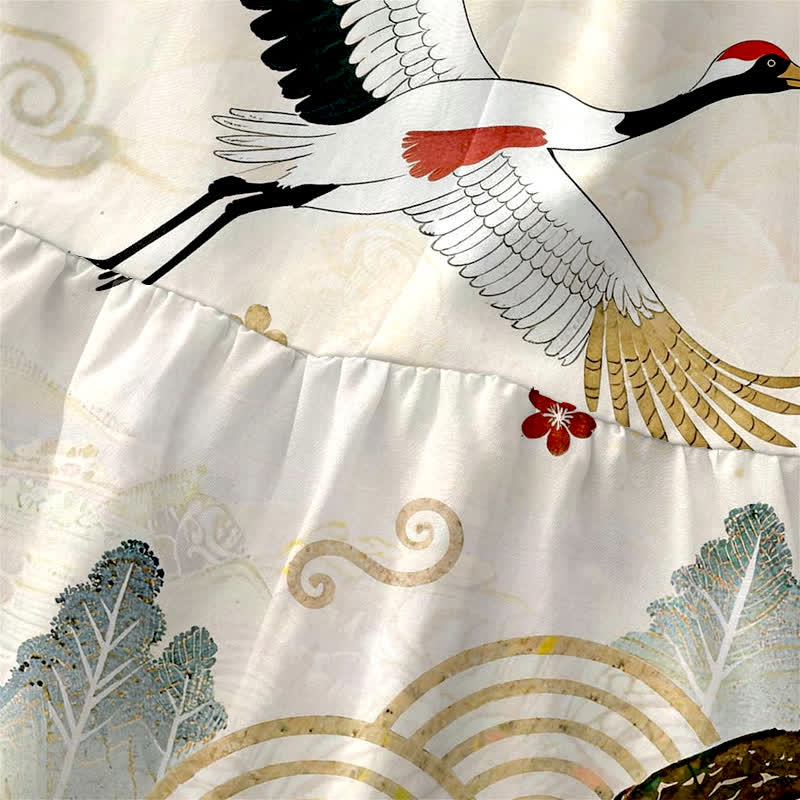 Buddha Stones Zomerse casual Mouwloos Midi -jurk voor dames met kraanvogel- en pruimenbloesempatroon en Zakken . - image 1