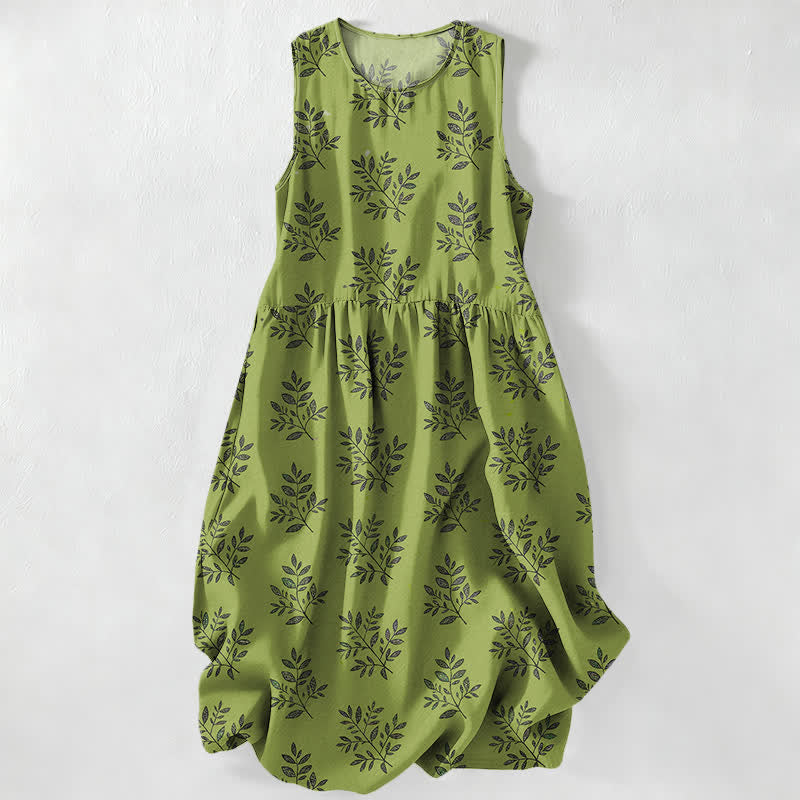 Buddha Stones Zomerse casual zomerjurk voor dames met botanisch Midi , Mouwloos en met Zakken. - Olijfgroen - US16, UK/AU20, EU48 (3XL) - image 0
