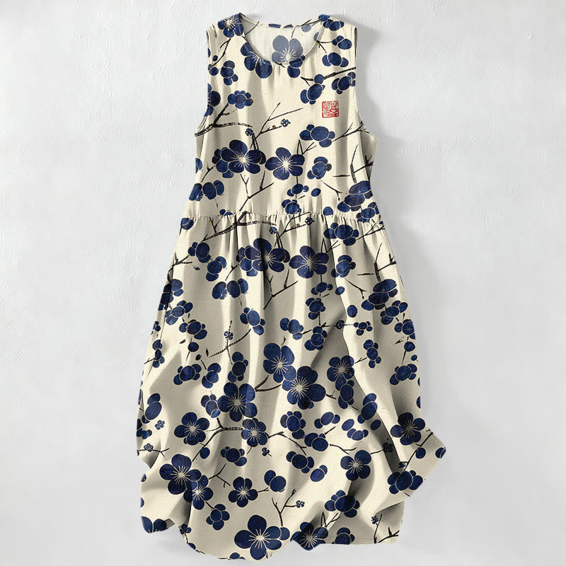 Buddha Stones Zomerse casual indigokleurige Mouwloos Midi -jurk met bloemen- en bladerpatroon en Zakken voor dames - Ivoor - US16, UK/AU20, EU48 (3XL) - image 0