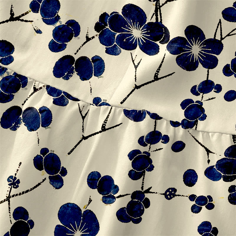 Buddha Stones Zomerse casual indigokleurige Mouwloos Midi -jurk met bloemen- en bladerpatroon en Zakken voor dames - image 1