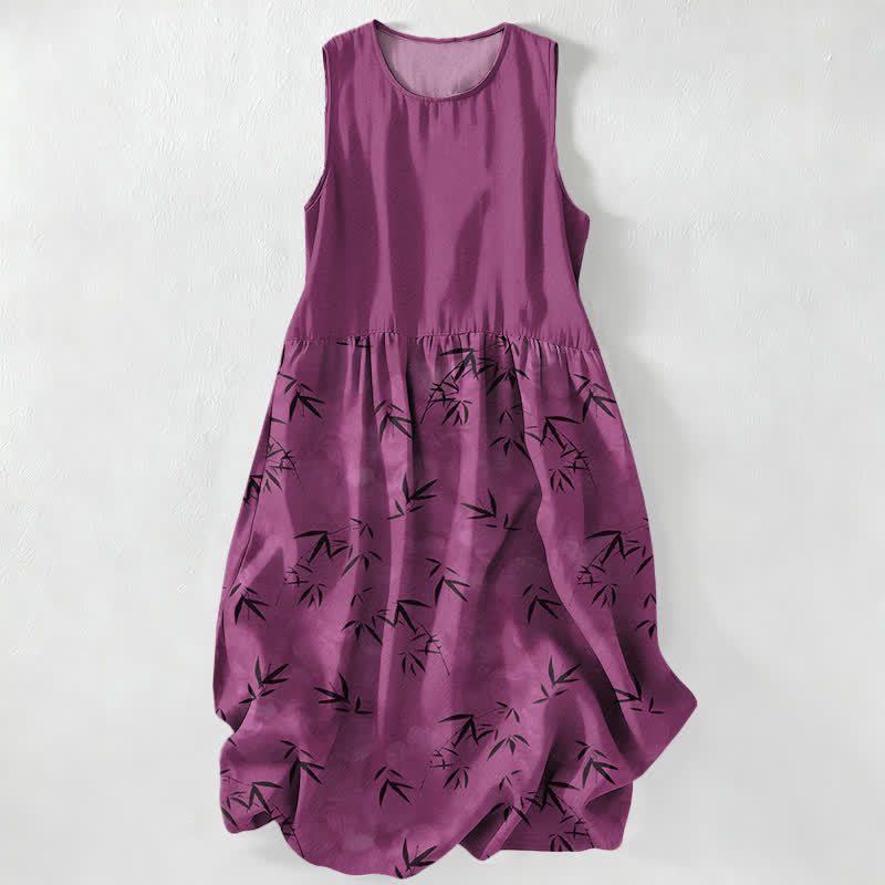 Buddha Stones Zomerse casual Mouwloos Midi -jurk voor dames met bamboebladmotief en Zakken - Middenvioletrood - US16, UK/AU20, EU48 (3XL) - image 0