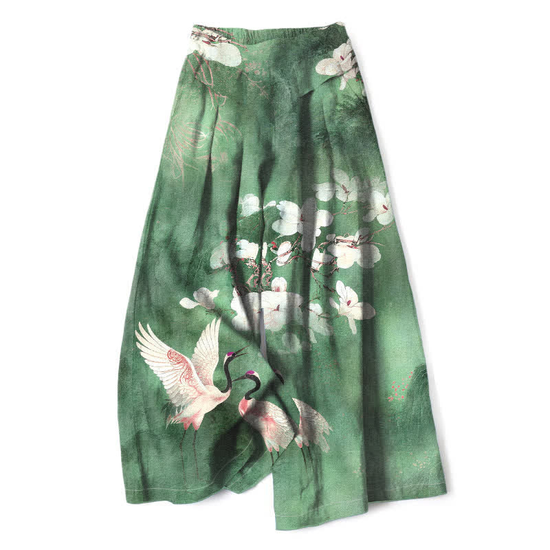 Buddha Stones Katoenen linnen damesbroek met kraanvogelmotief, witte bloemenprint, elastische Taille en wijde pijpen, inclusief Zakken. - Zeegroen - US16, UK/AU20, EU48 (3XL) - image 0